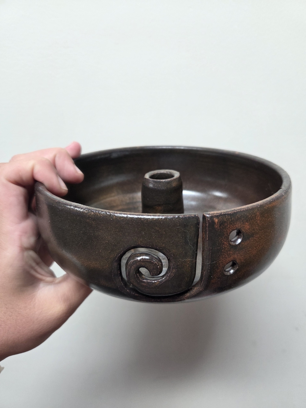 Rustic Brown Ceramic Yarn Bowl with Spiral Cut
